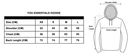 fog essentials hoodie size chart.